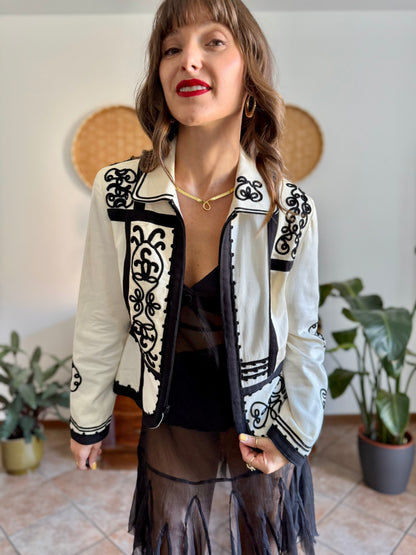 1990's vintage cream textured blazer with black textured embroidery