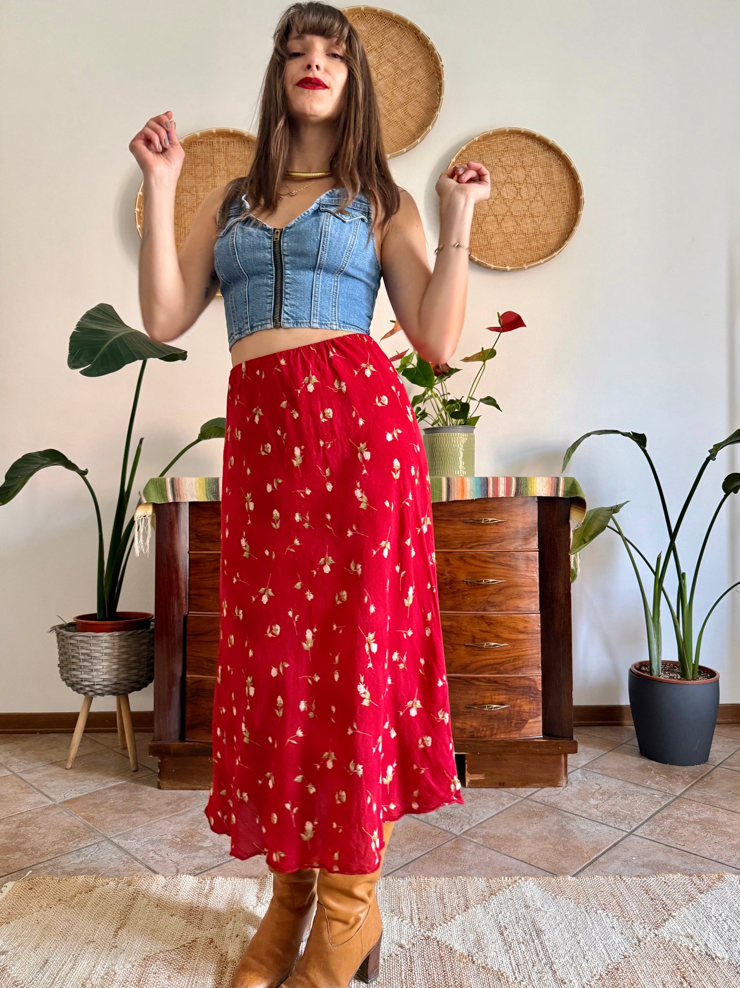 1990's vintage red floral midi skirt