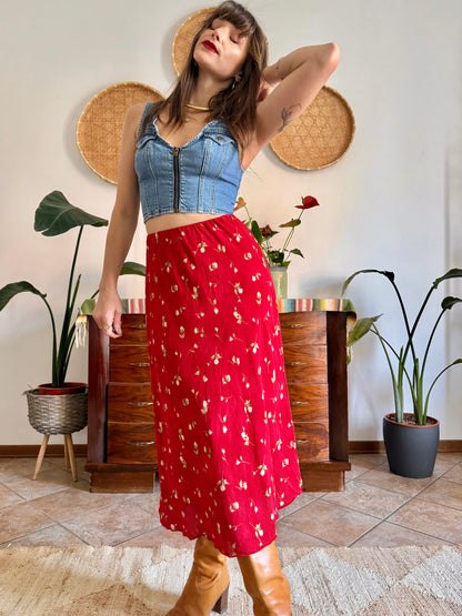 1990's vintage red floral midi skirt