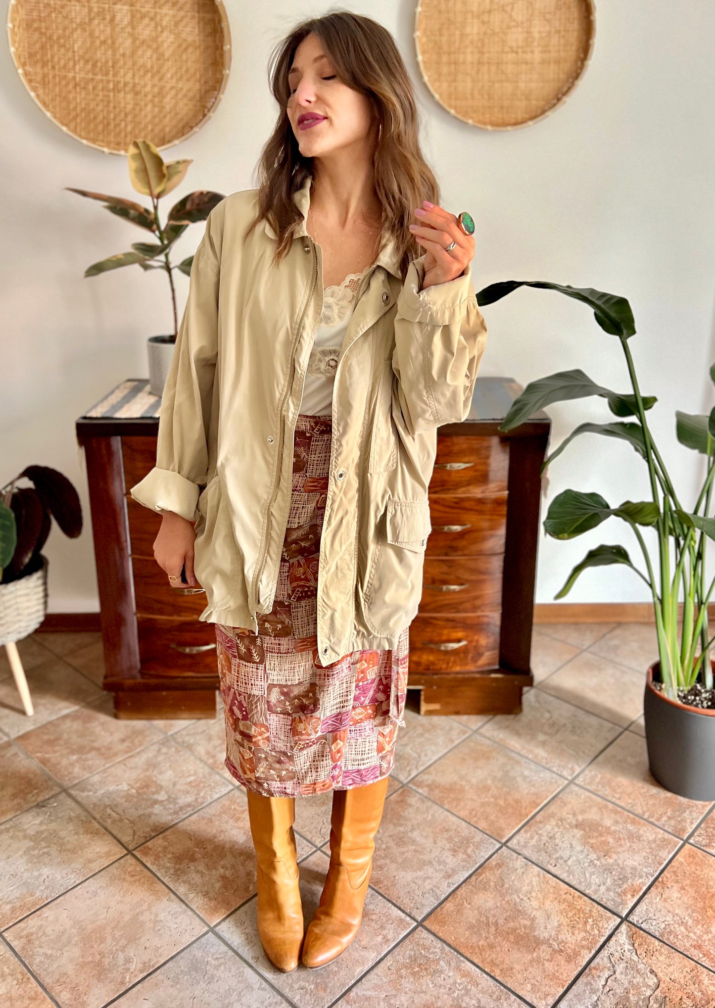1990's vintage beige trench spring trench coat with blue and white stripe lining