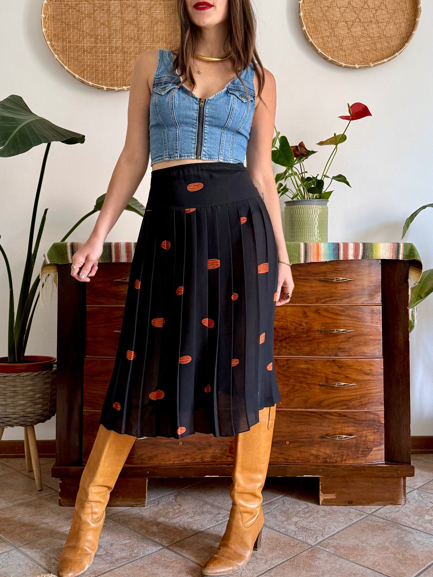 1990's vintage semi sheer black pleated midi skirt with orange polka dot print