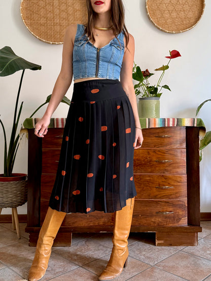 1990's vintage semi sheer black pleated midi skirt with orange polka dot print
