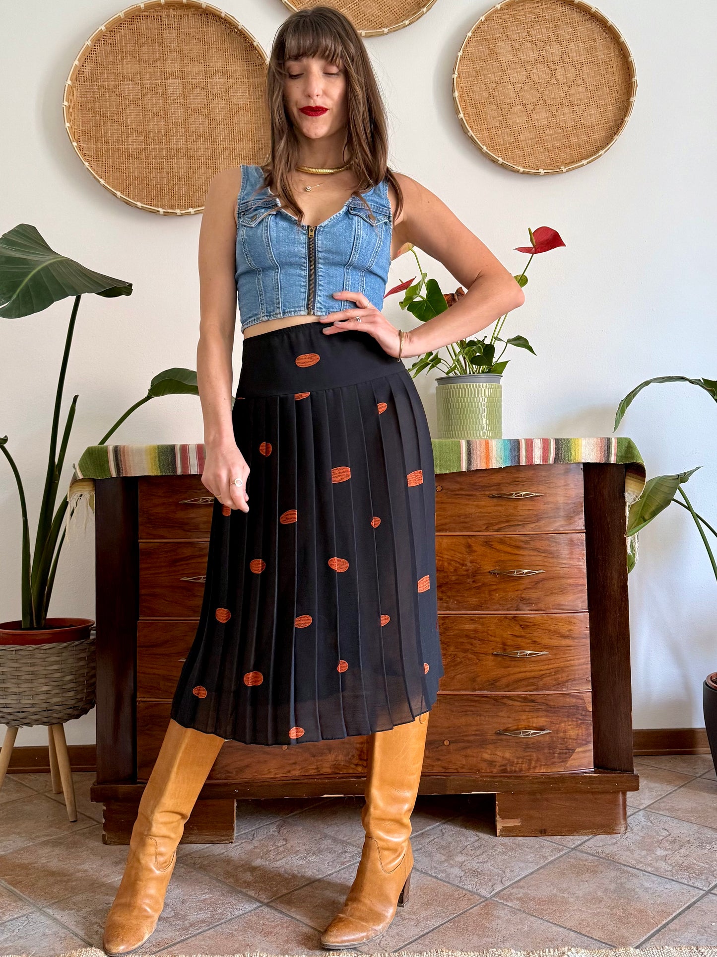1990's vintage semi sheer black pleated midi skirt with orange polka dot print
