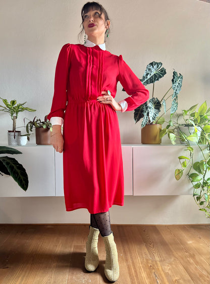 1970's vintage cherry red midi dress with white Peter Pan collar details