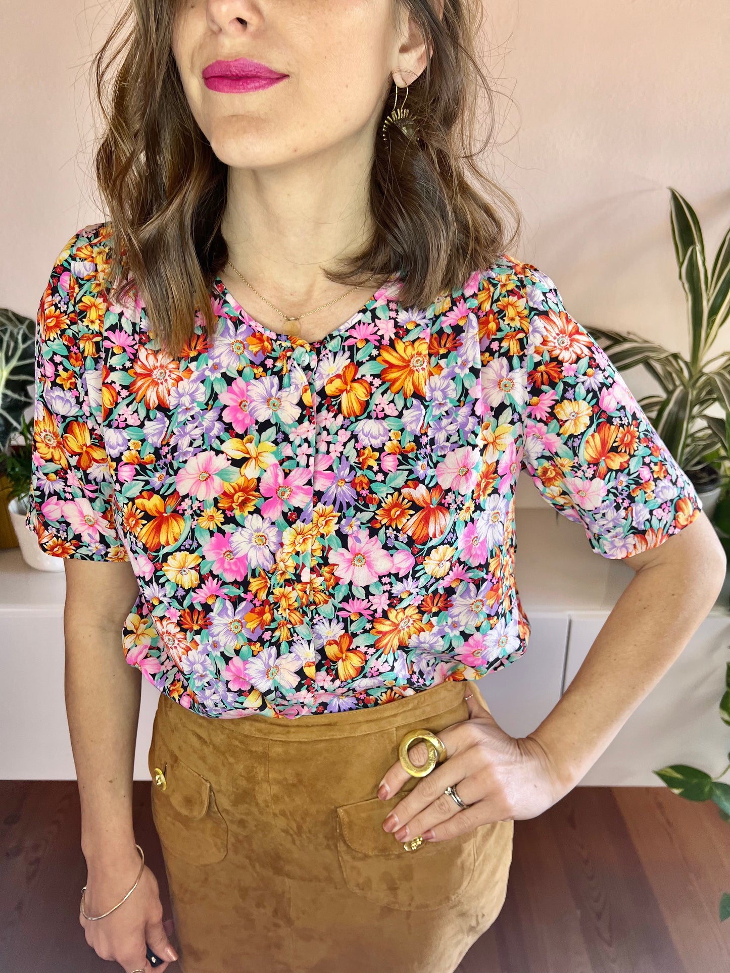 1970's vintage multi colour silk floral short sleeve blouse