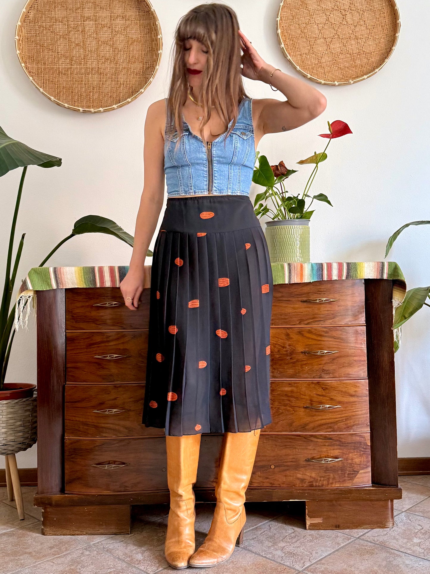 1990's vintage semi sheer black pleated midi skirt with orange polka dot print