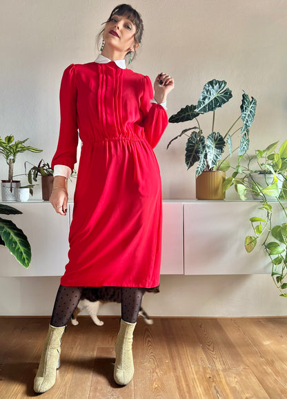 1970's vintage cherry red midi dress with white Peter Pan collar details