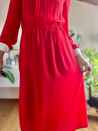 1970's vintage cherry red midi dress with white Peter Pan collar details