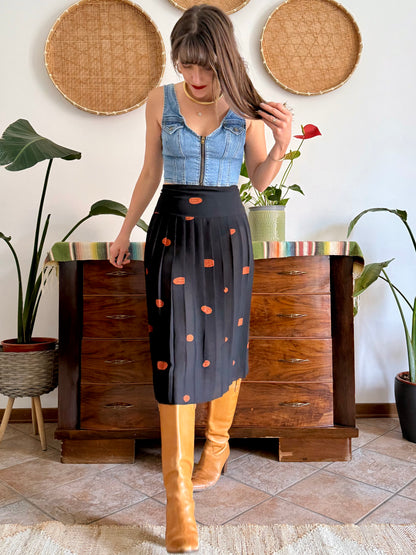 1990's vintage semi sheer black pleated midi skirt with orange polka dot print
