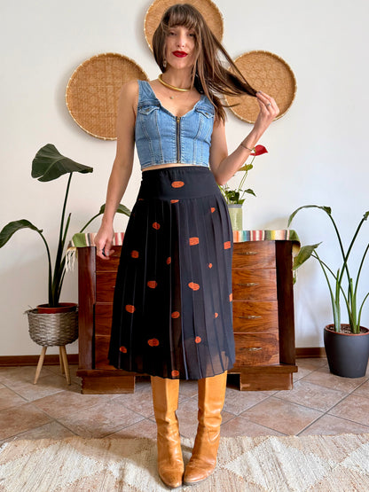 1990's vintage semi sheer black pleated midi skirt with orange polka dot print