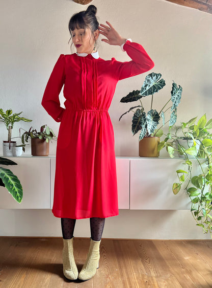 1970's vintage cherry red midi dress with white Peter Pan collar details