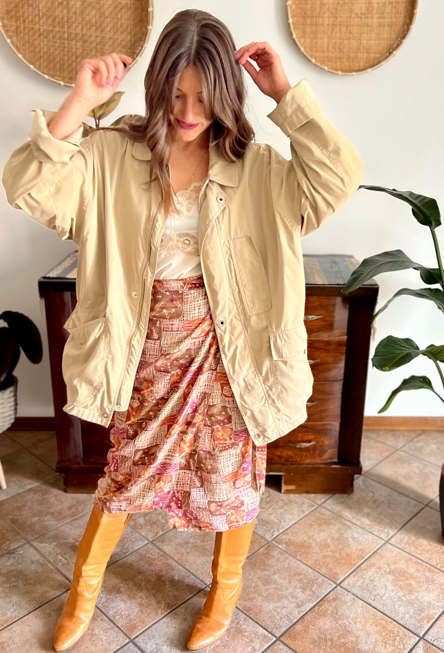 1990's vintage beige trench spring trench coat with blue and white stripe lining