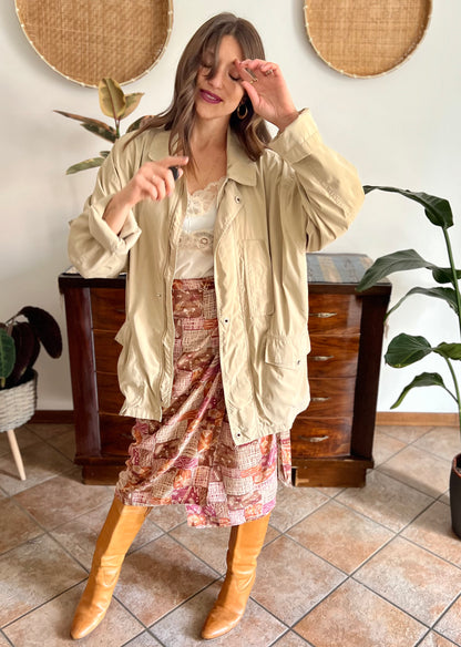 1990's vintage beige trench spring trench coat with blue and white stripe lining