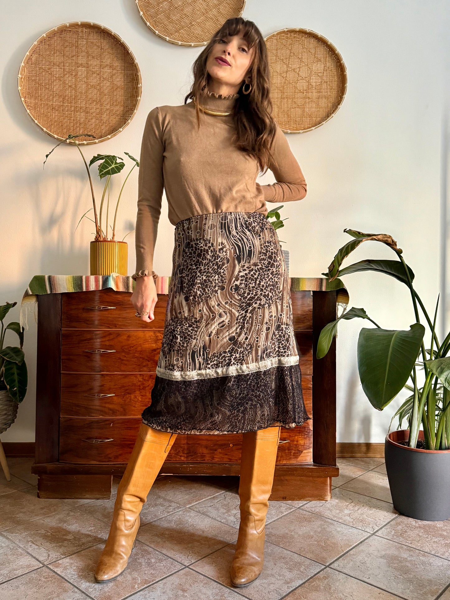 1990's vintage brown and black animal print midi skirt