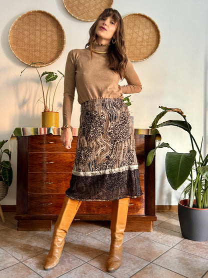 1990's vintage brown and black animal print midi skirt