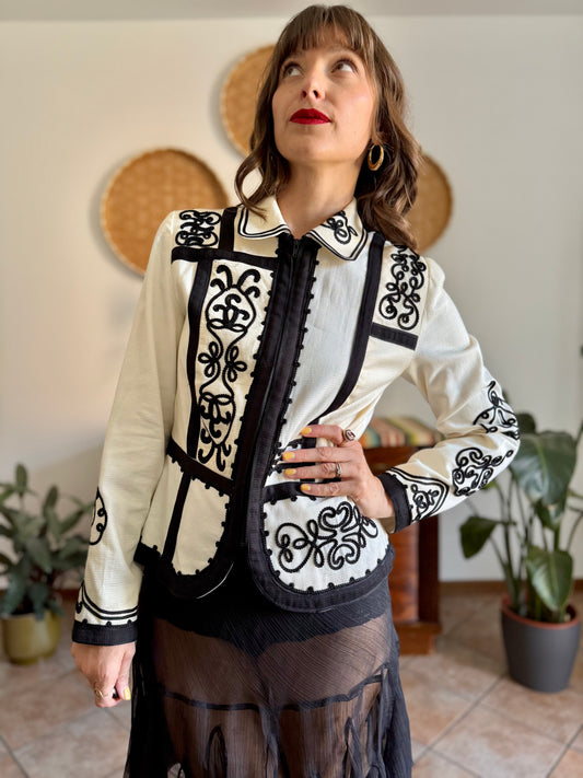 1990's vintage cream textured blazer with black textured embroidery