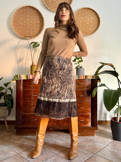 1990's vintage brown and black animal print midi skirt