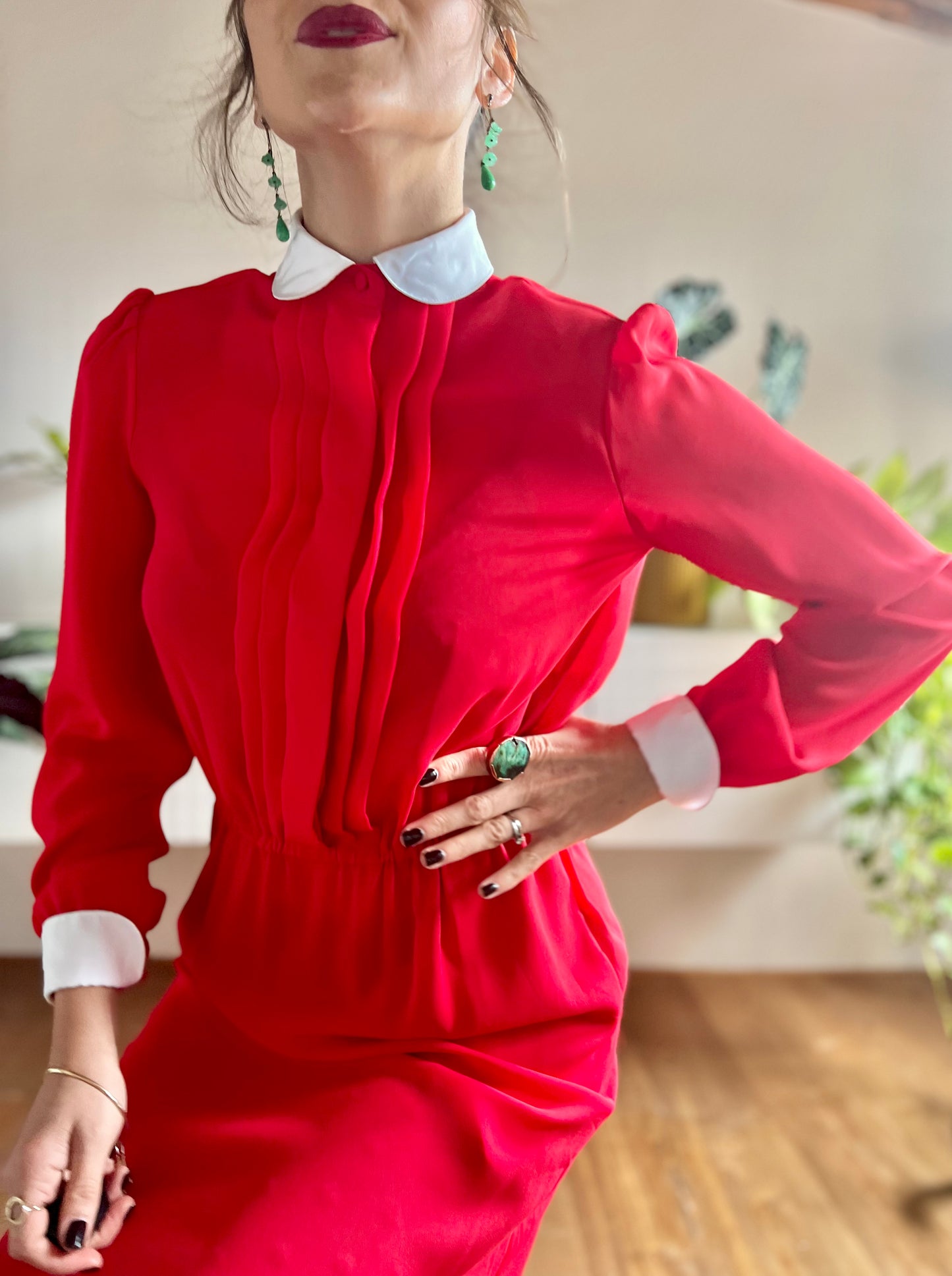 1970's vintage cherry red midi dress with white Peter Pan collar details