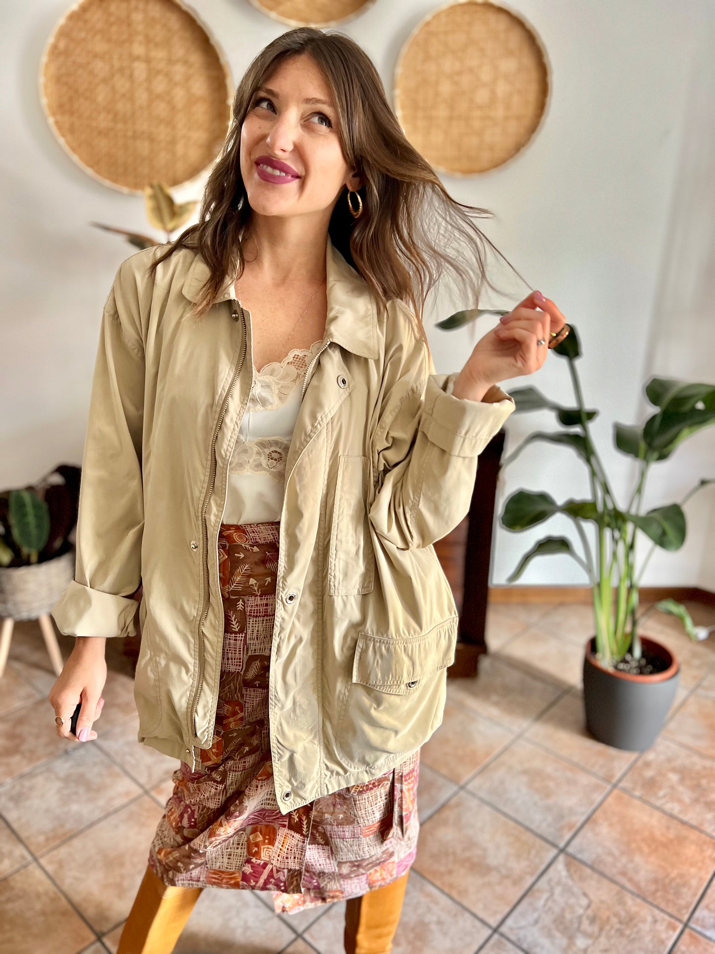 1990's vintage beige trench spring trench coat with blue and white stripe lining