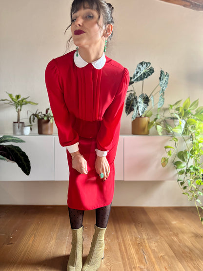 1970's vintage cherry red midi dress with white Peter Pan collar details