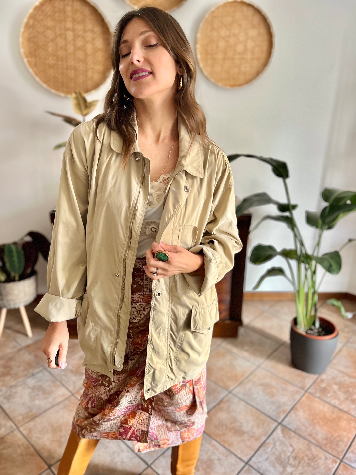 1990's vintage beige trench spring trench coat with blue and white stripe lining