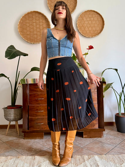 1990's vintage semi sheer black pleated midi skirt with orange polka dot print