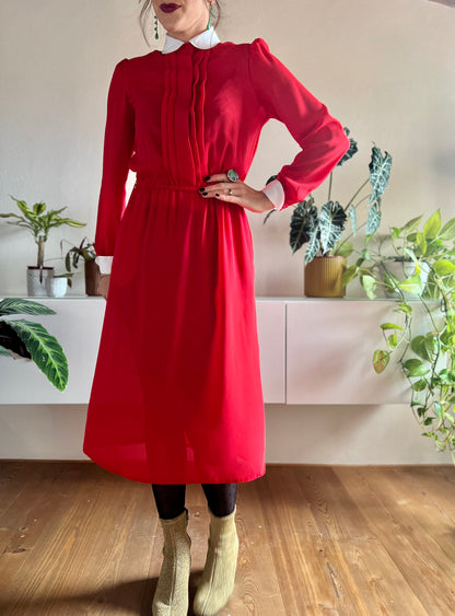 1970's vintage cherry red midi dress with white Peter Pan collar details