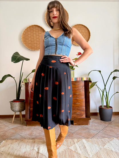 1990's vintage semi sheer black pleated midi skirt with orange polka dot print