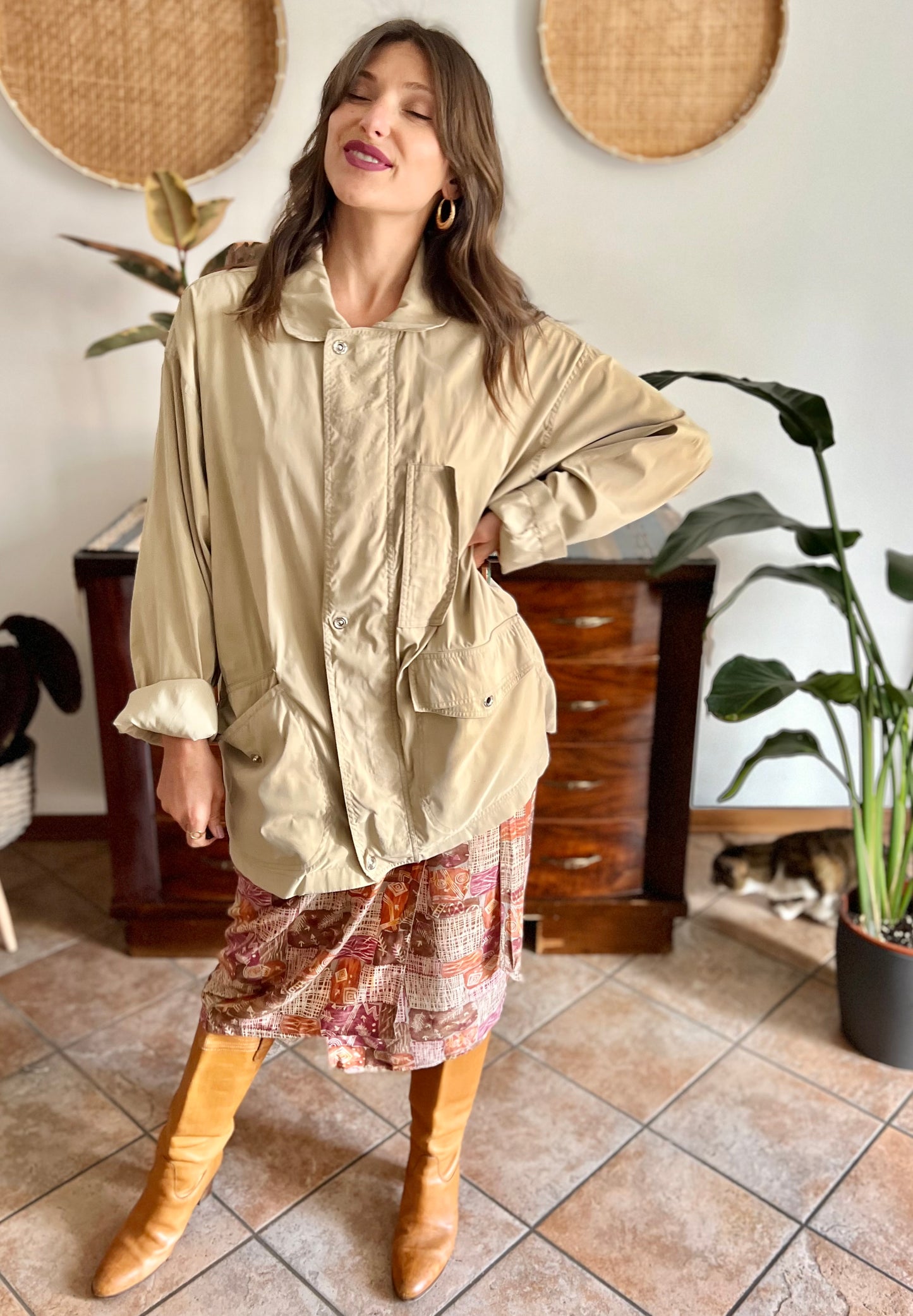 1990's vintage beige trench spring trench coat with blue and white stripe lining
