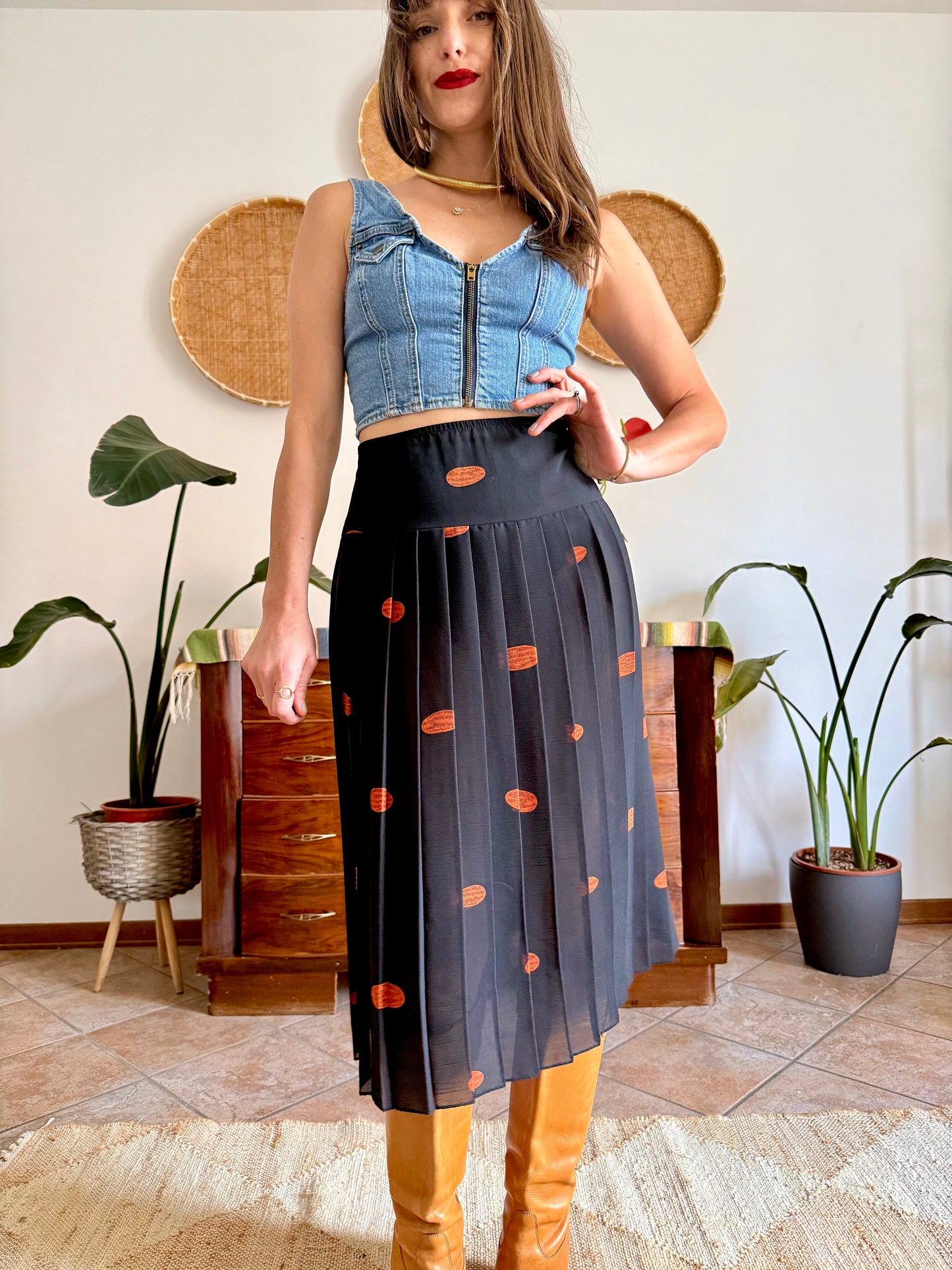 1990's vintage semi sheer black pleated midi skirt with orange polka dot print
