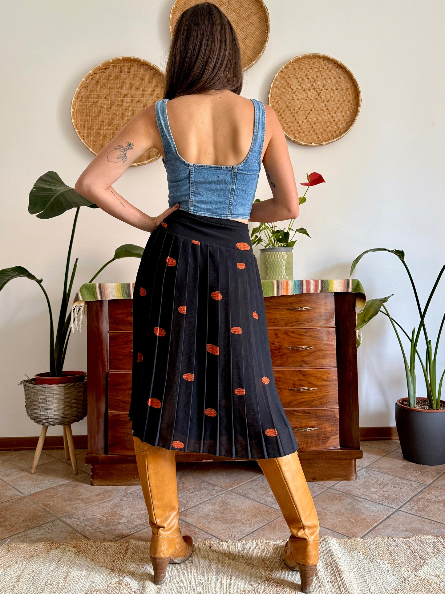 1990's vintage semi sheer black pleated midi skirt with orange polka dot print