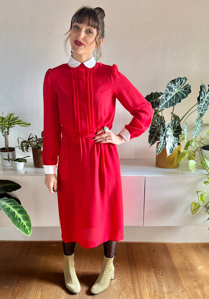 1970's vintage cherry red midi dress with white Peter Pan collar details