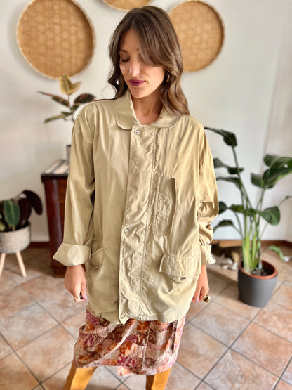 1990's vintage beige trench spring trench coat with blue and white stripe lining