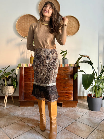 1990's vintage brown and black animal print midi skirt