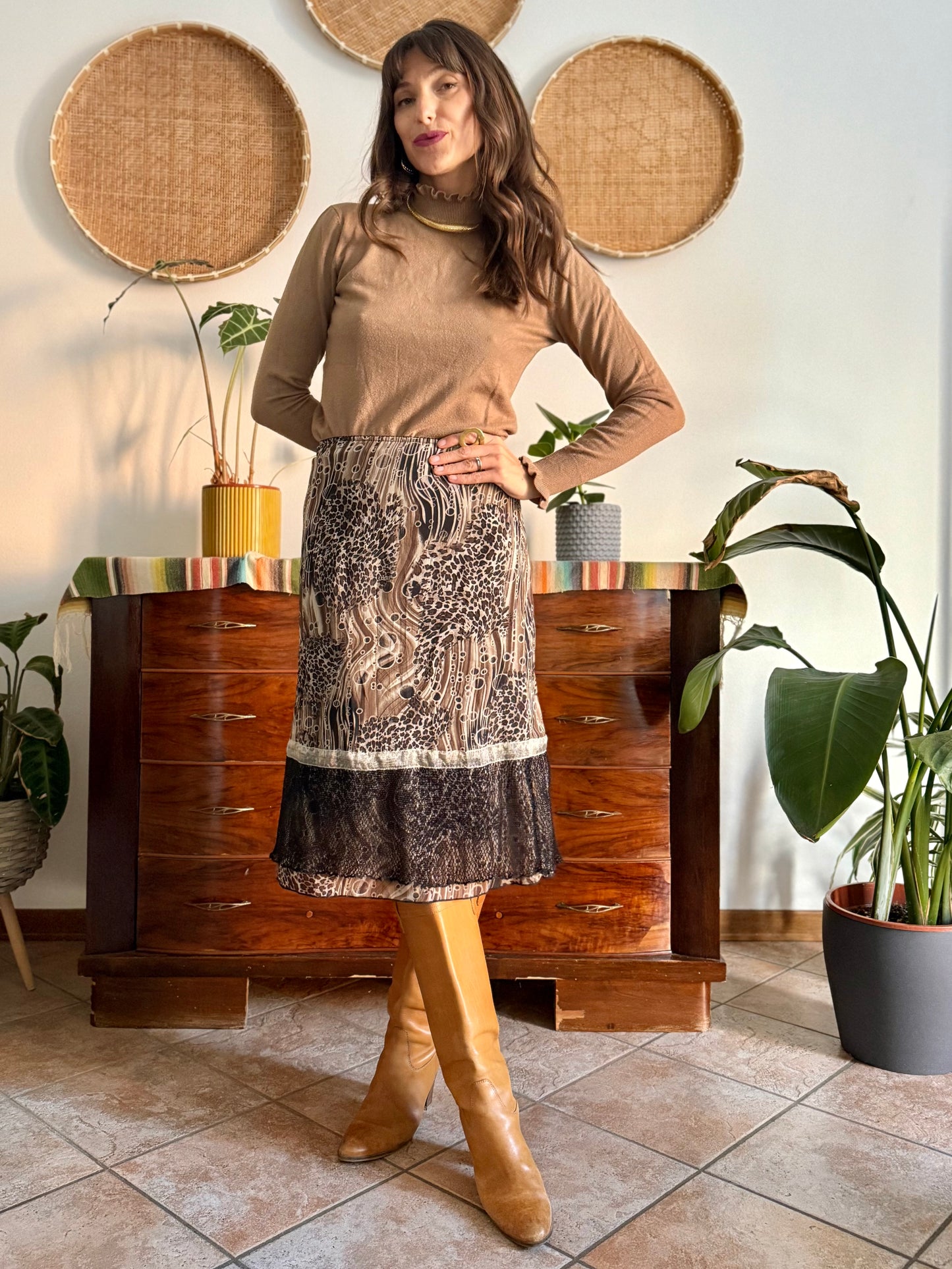 1990's vintage brown and black animal print midi skirt