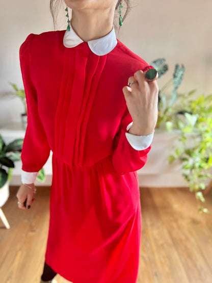 1970's vintage cherry red midi dress with white Peter Pan collar details