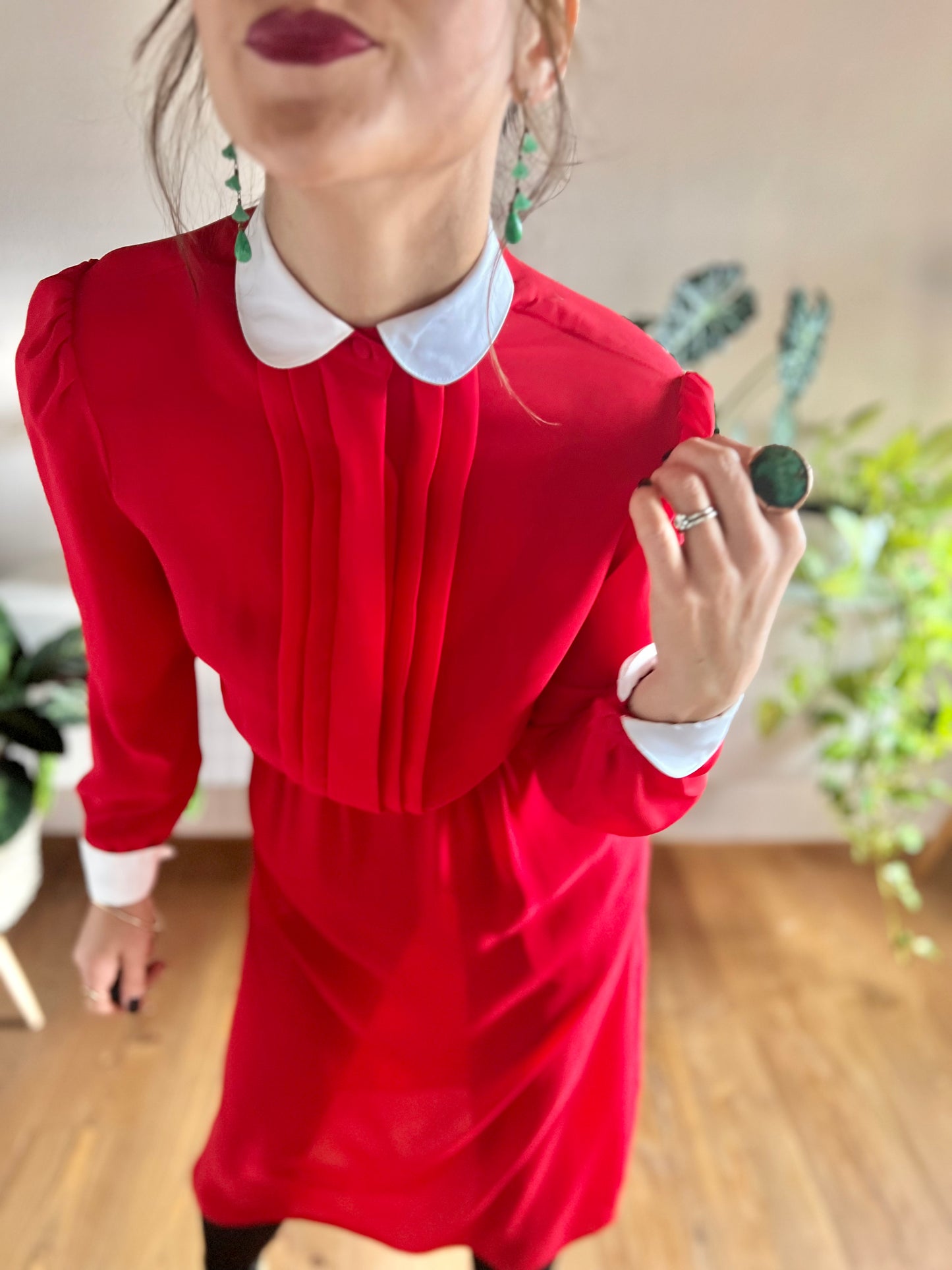 1970's vintage cherry red midi dress with white Peter Pan collar details