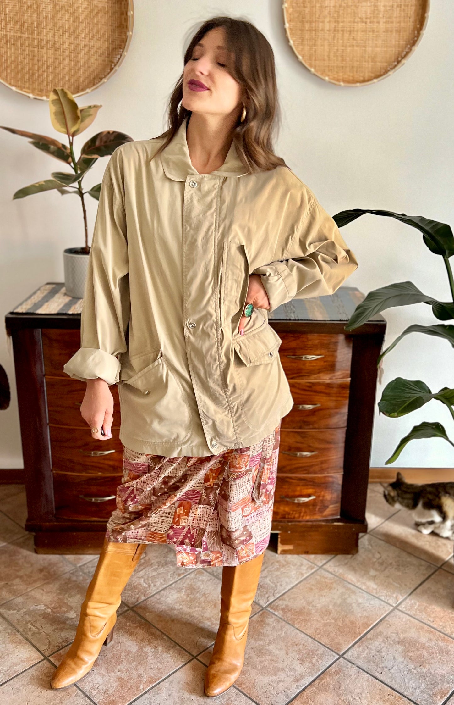 1990's vintage beige trench spring trench coat with blue and white stripe lining