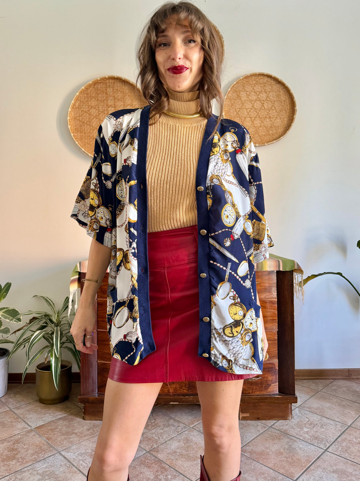 1970's vintage navy, gold and red pocket watch print silk blend blouse