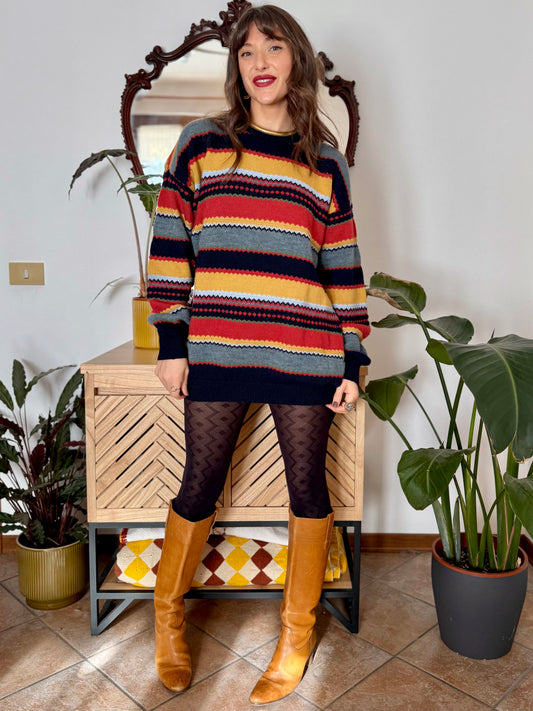 1970's vintage multicolor thick knit wool stripe mini dress