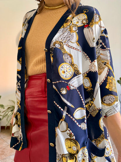 1970's vintage navy, gold and red pocket watch print silk blend blouse
