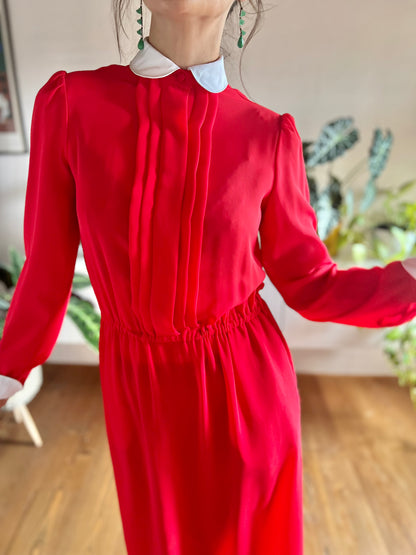 1970's vintage cherry red midi dress with white Peter Pan collar details