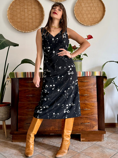1990's vintage black maxi slip dress with white floral print