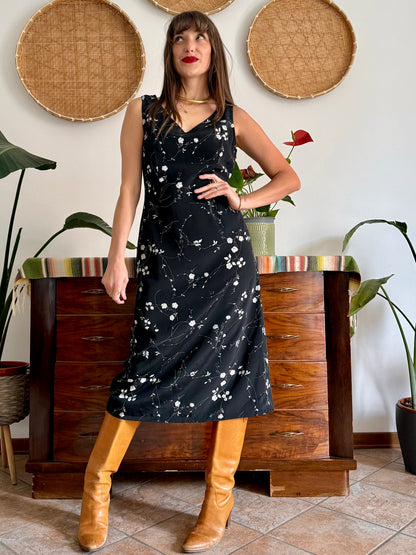 1990's vintage black maxi slip dress with white floral print