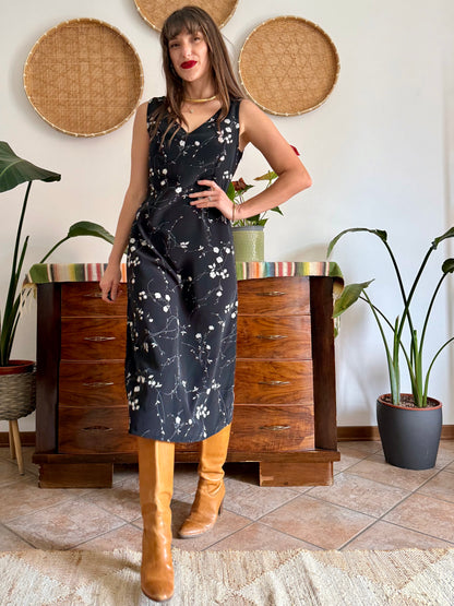 1990's vintage black maxi slip dress with white floral print