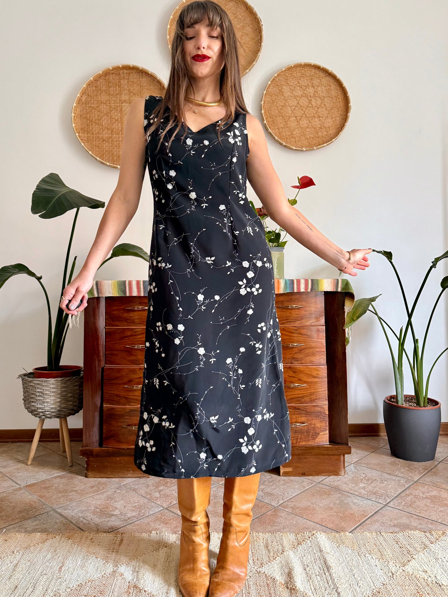 1990's vintage black maxi slip dress with white floral print