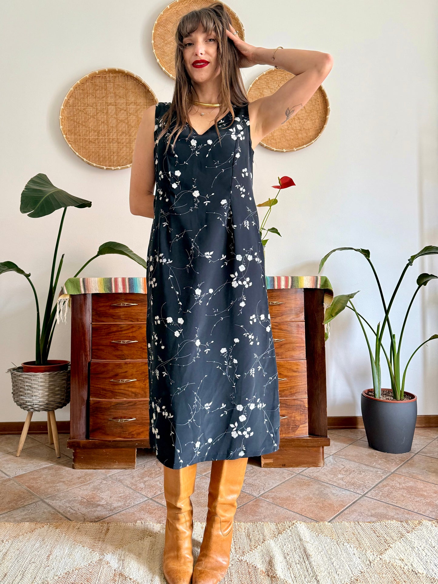 1990's vintage black maxi slip dress with white floral print