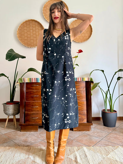 1990's vintage black maxi slip dress with white floral print