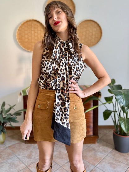 1990’s vintage black and tan leopard print bow tie/ card blouse