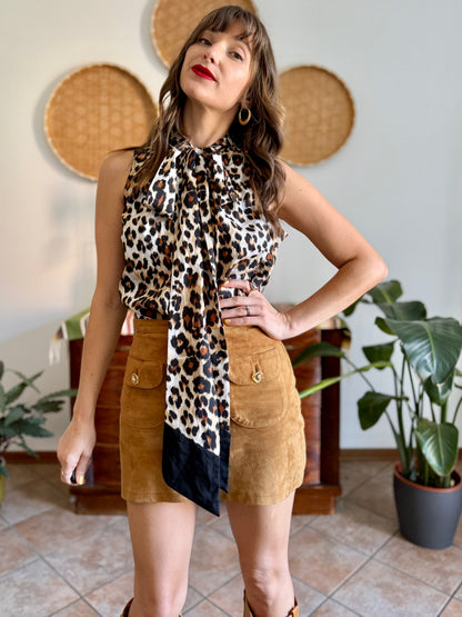 1990’s vintage black and tan leopard print bow tie/ card blouse